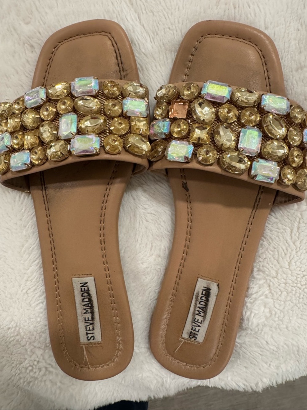 Steve Madden Tan Jeweled Slide Sandals with Iridescent Accents